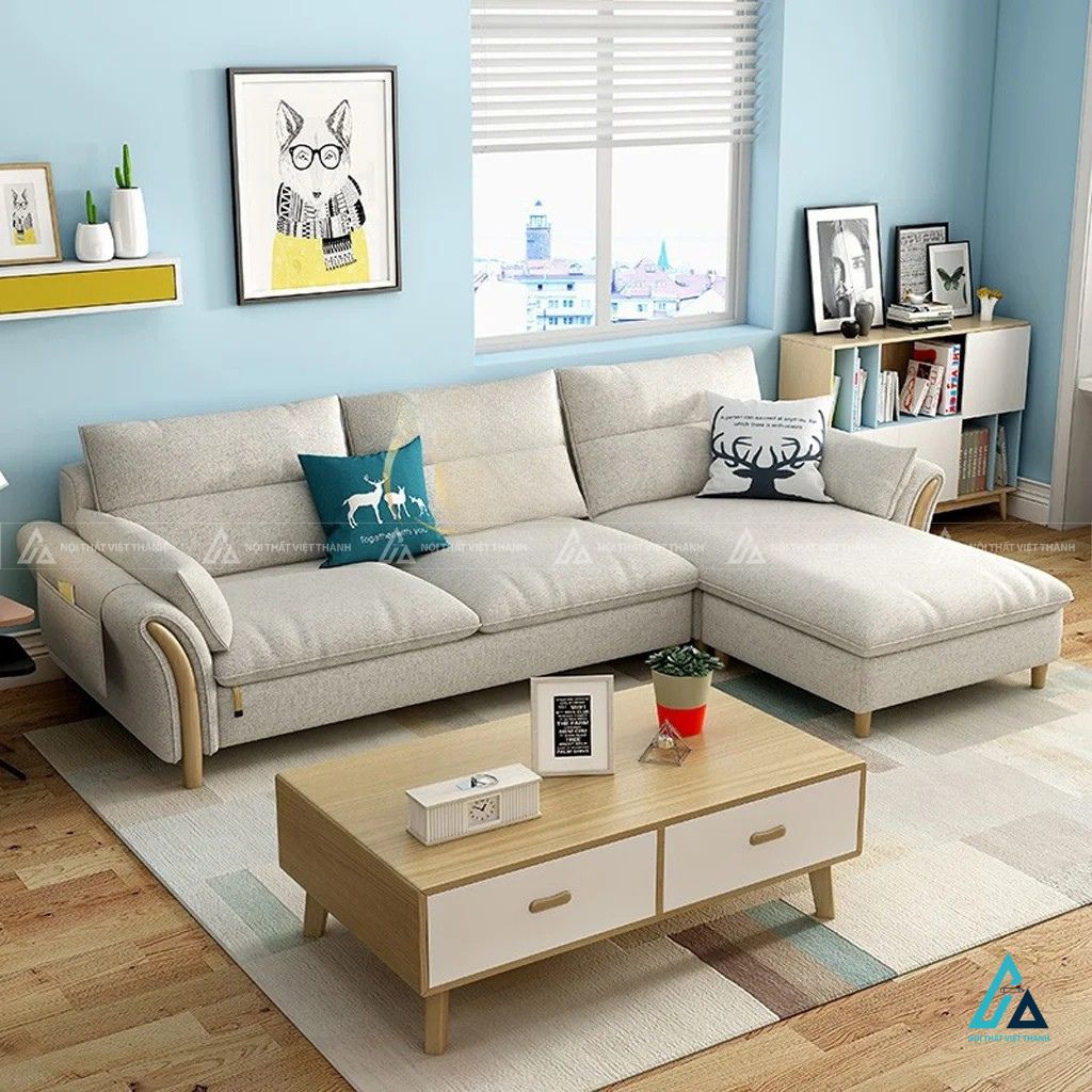Sofa vải nỉ chữ l chân gỗ tối ưu diện tích phòng khách nhỏ 2