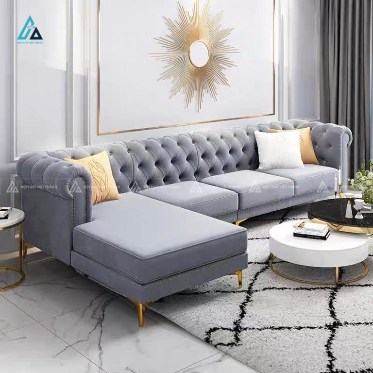 Sofa nỉ tân cổ điển rút múi sang trọng chân inox mạ vàng 3