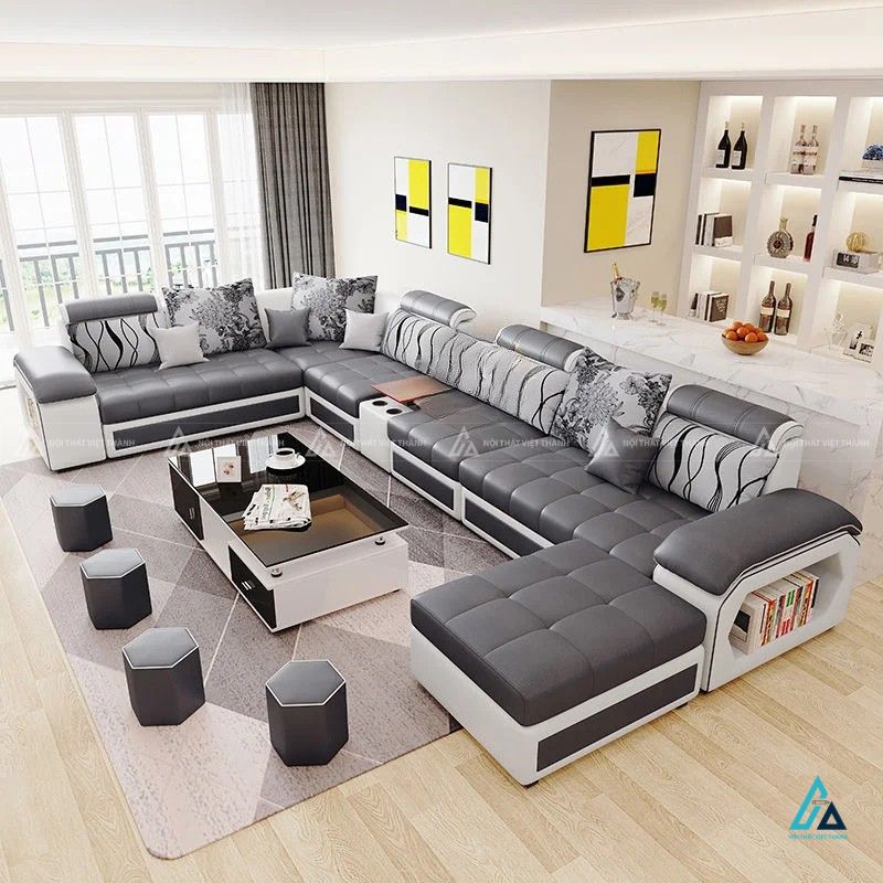 Sofa vải nỉ chữ u cao cấp tích hợp kệ trang trí hiện đại 3