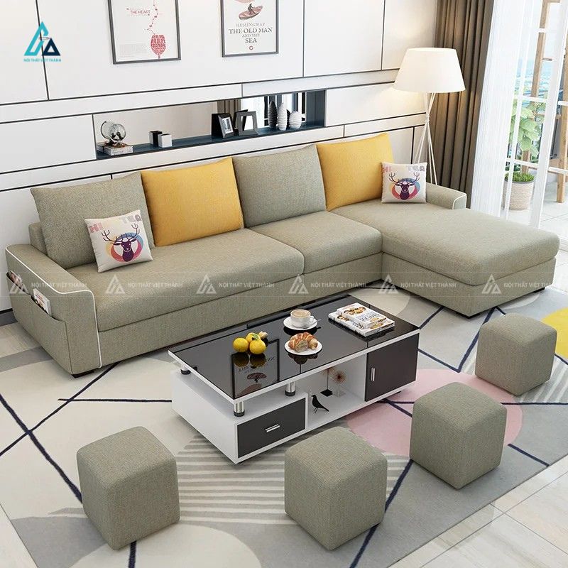 Sofa vải nỉ chữ l hiện đại tích hợp túi đồ tiện lợi cho chung cư 3