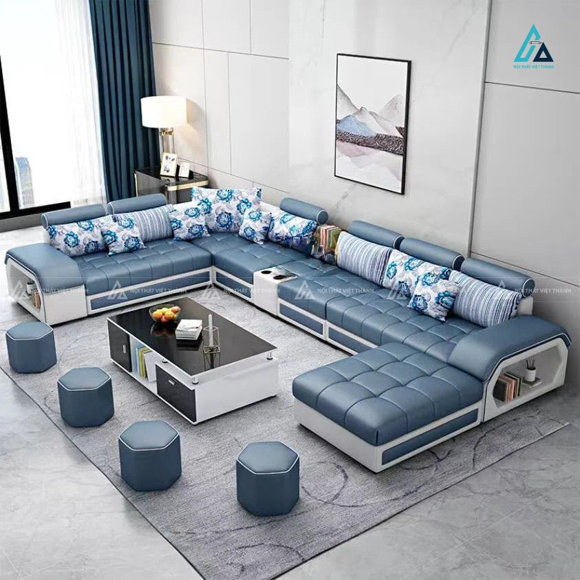 Sofa vải nỉ chữ u cao cấp tích hợp kệ trang trí hiện đại 4