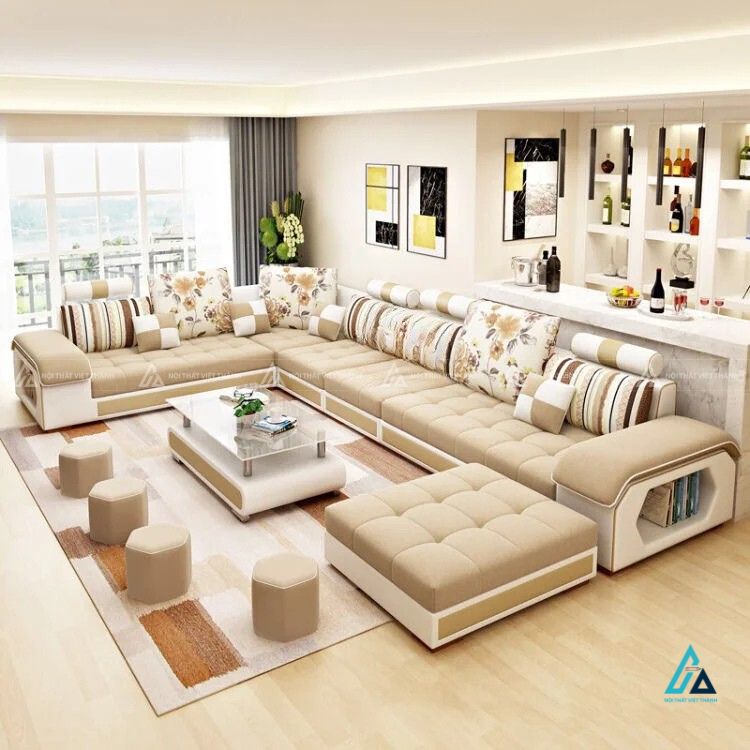 Sofa vải nỉ chữ u cao cấp tích hợp kệ trang trí hiện đại 5