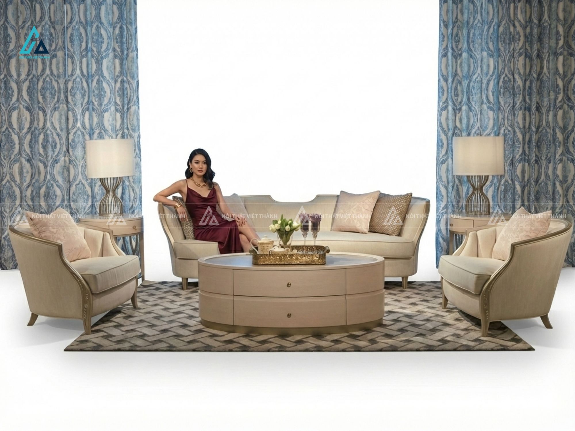 Bộ ghế sofa vải nỉ tân cổ điển sang trọng cho phòng khách 5