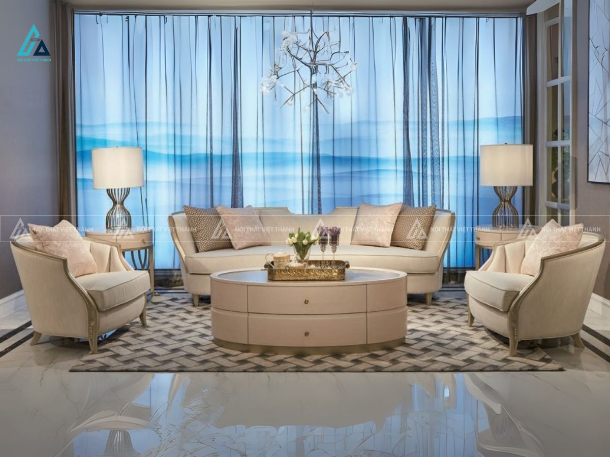 Bộ ghế sofa vải nỉ tân cổ điển sang trọng cho phòng khách 6