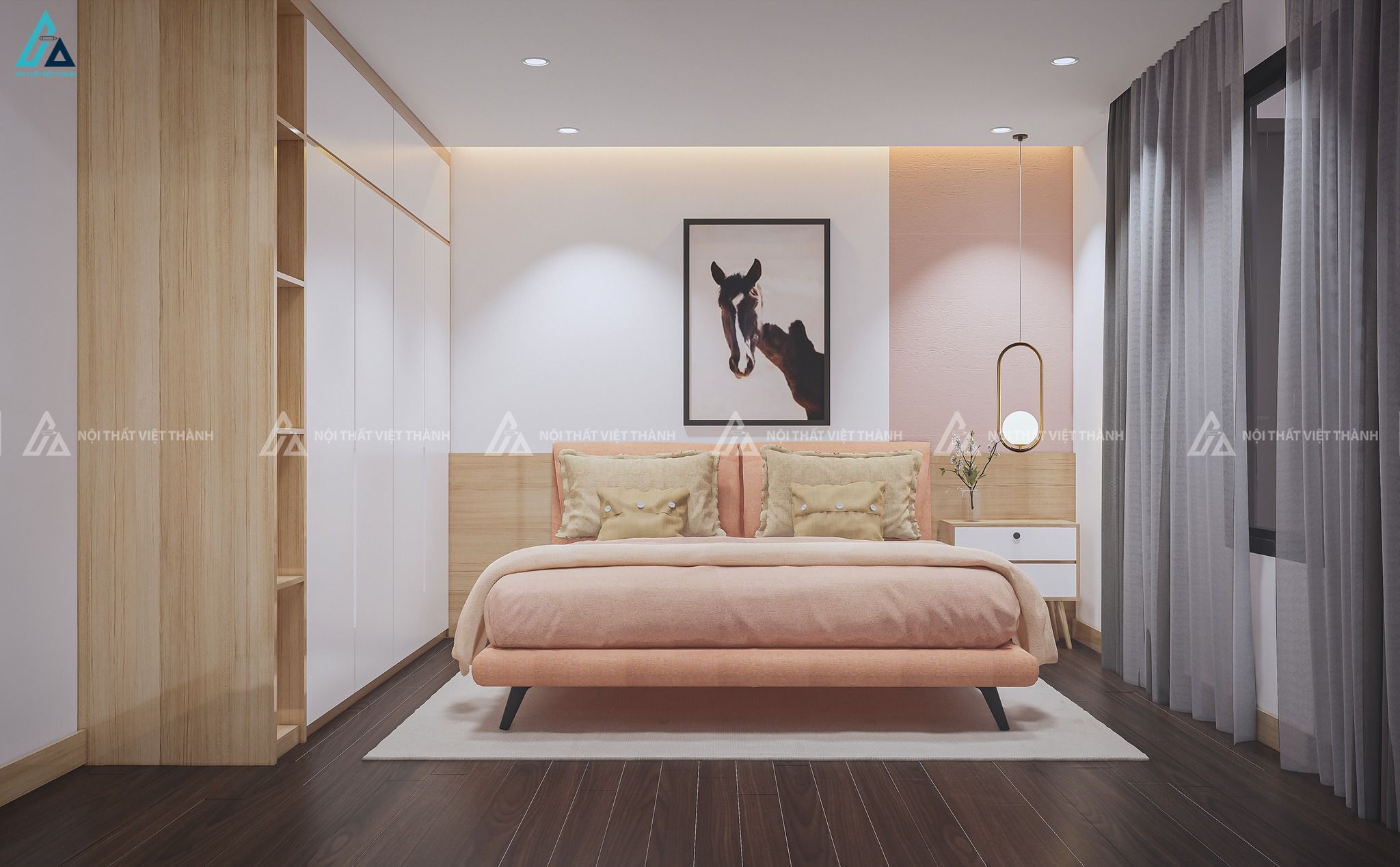 Thi công nội thất phòng ngủ tone trắng hồng nhẹ nhàng