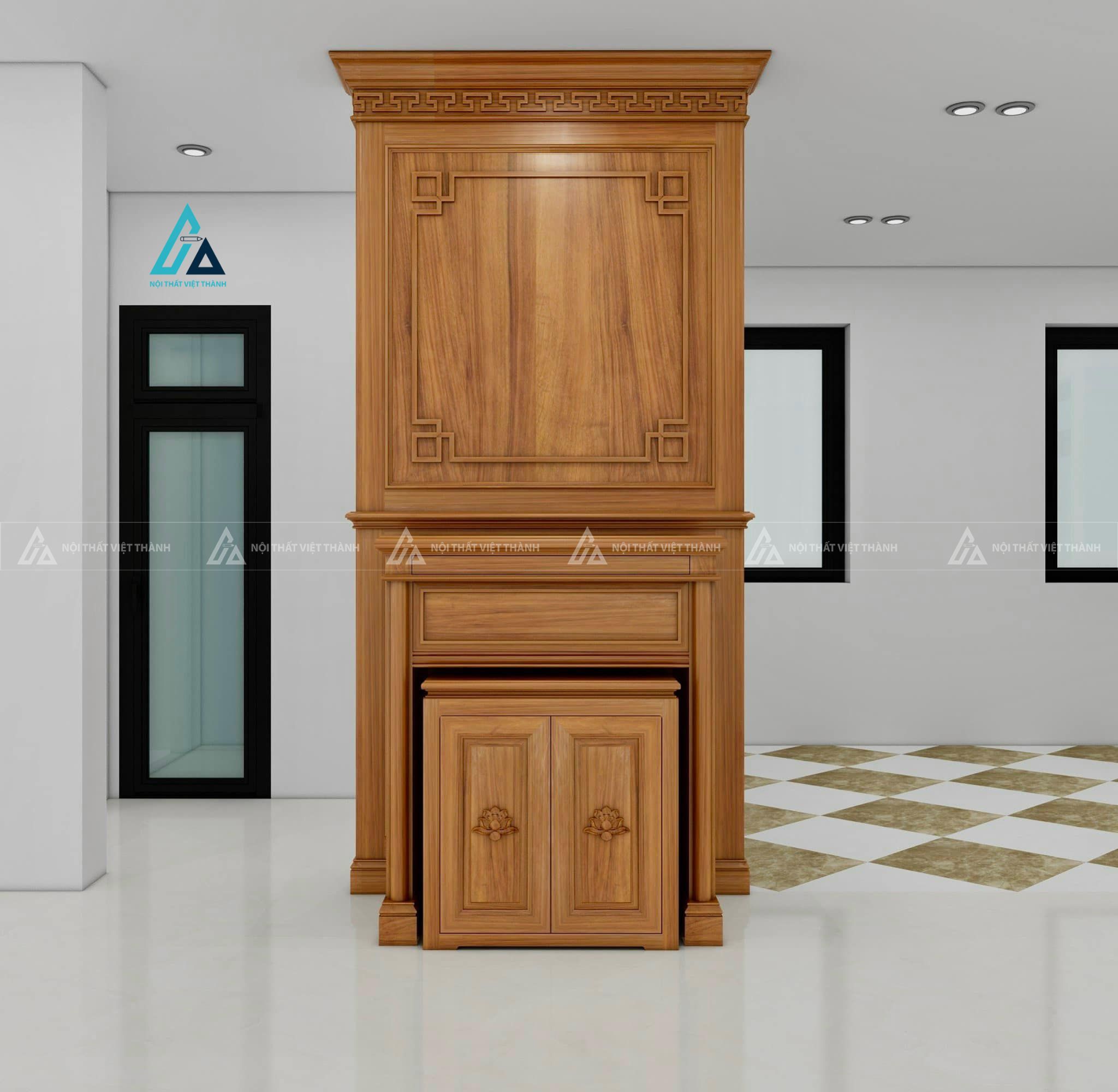 Mẫu thi công nội thất phòng thờ gỗ vàng kịch trần gọn gàng