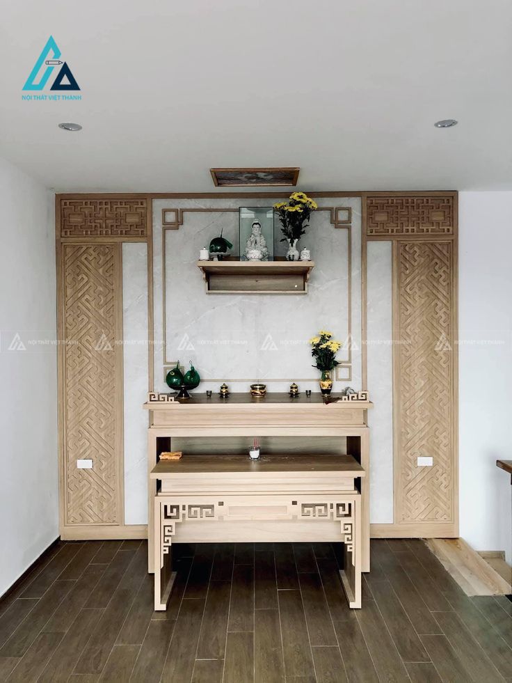Mẫu thi công nội thất phòng thờ gỗ be có vách sau kịch trần