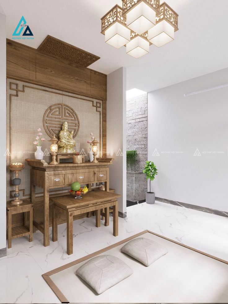 Mẫu thi công nội thất phòng thờ gỗ nâu xám có vách sau trang trí
