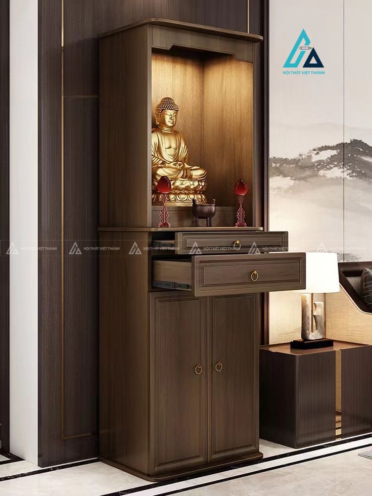 Mẫu thi công nội thất phòng thờ gỗ nâu đỏ có vách che và tủ kéo