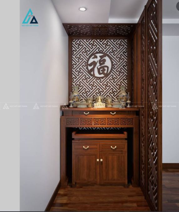 Mẫu thi công nội thất phòng thờ gỗ nâu đỏ có vách CNC