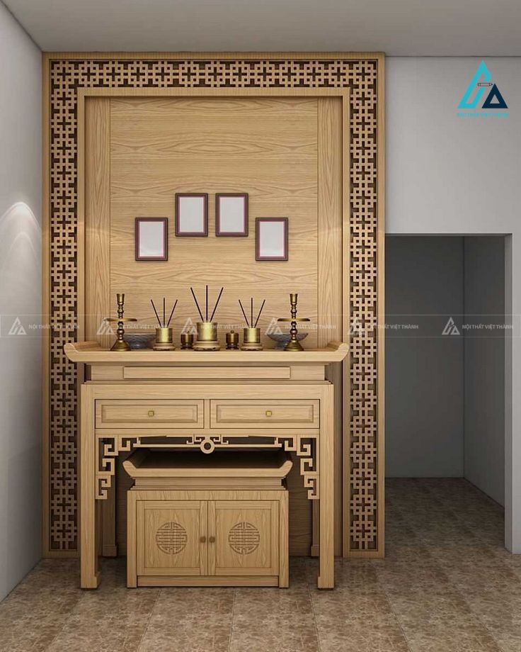 Mẫu thi công nội thất phòng thờ gỗ vàng có vách sau kịch trần