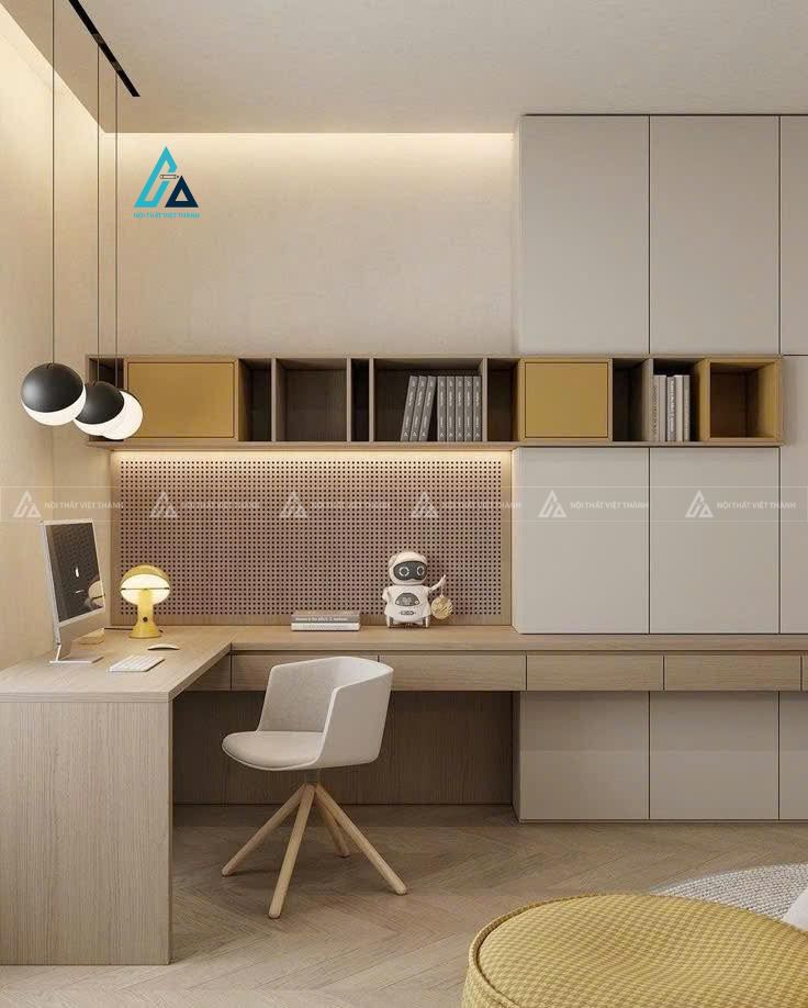 Mẫu thiết kế bàn học sinh gỗ công nghiệp chữ L dài