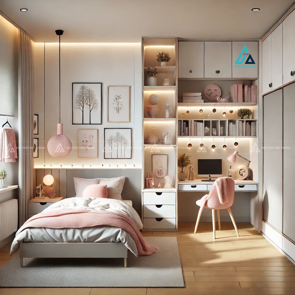 Mẫu thiết kế bàn học sinh phối kệ sách và kệ trang trí
