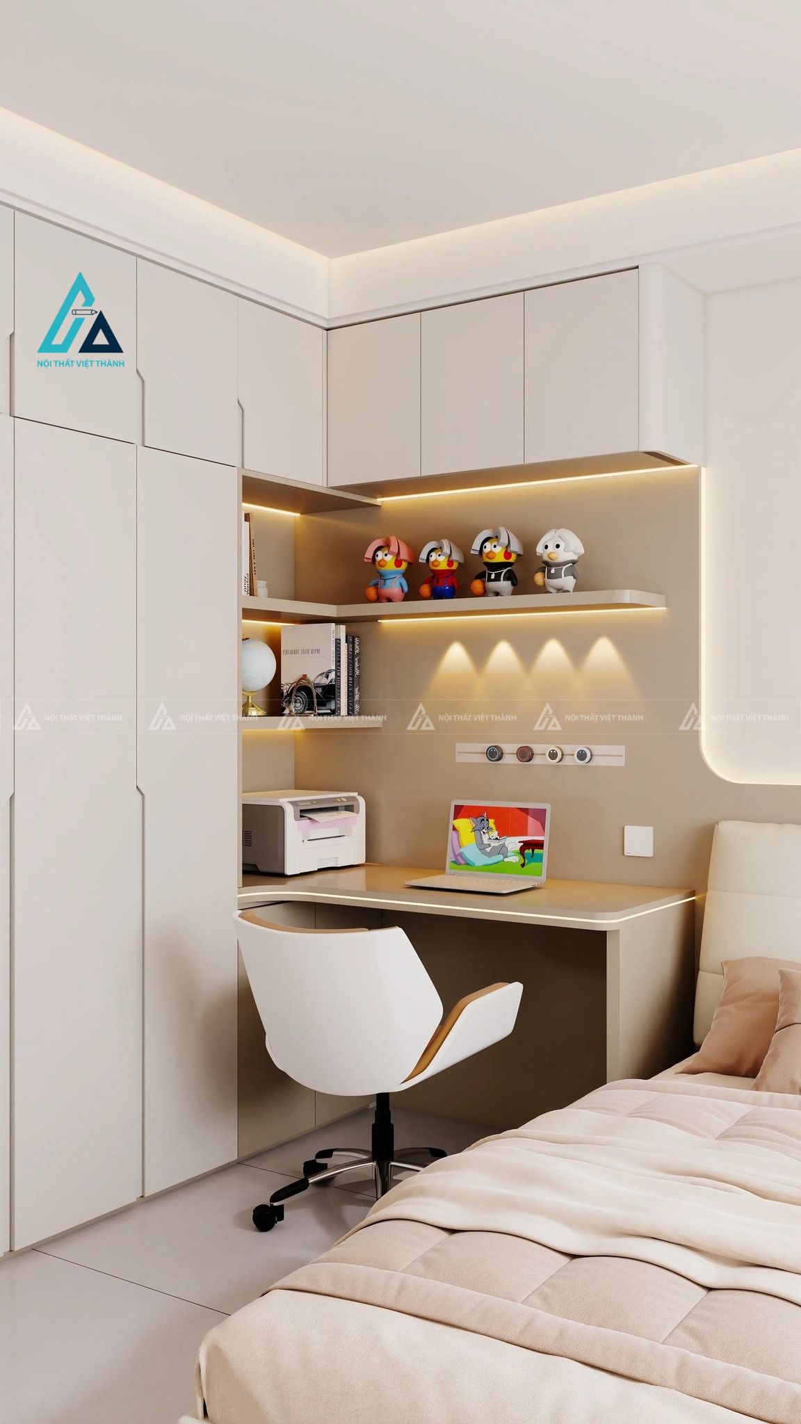 Mẫu thiết kế bàn học sinh kết hợp tủ  với quần áo và kệ sách