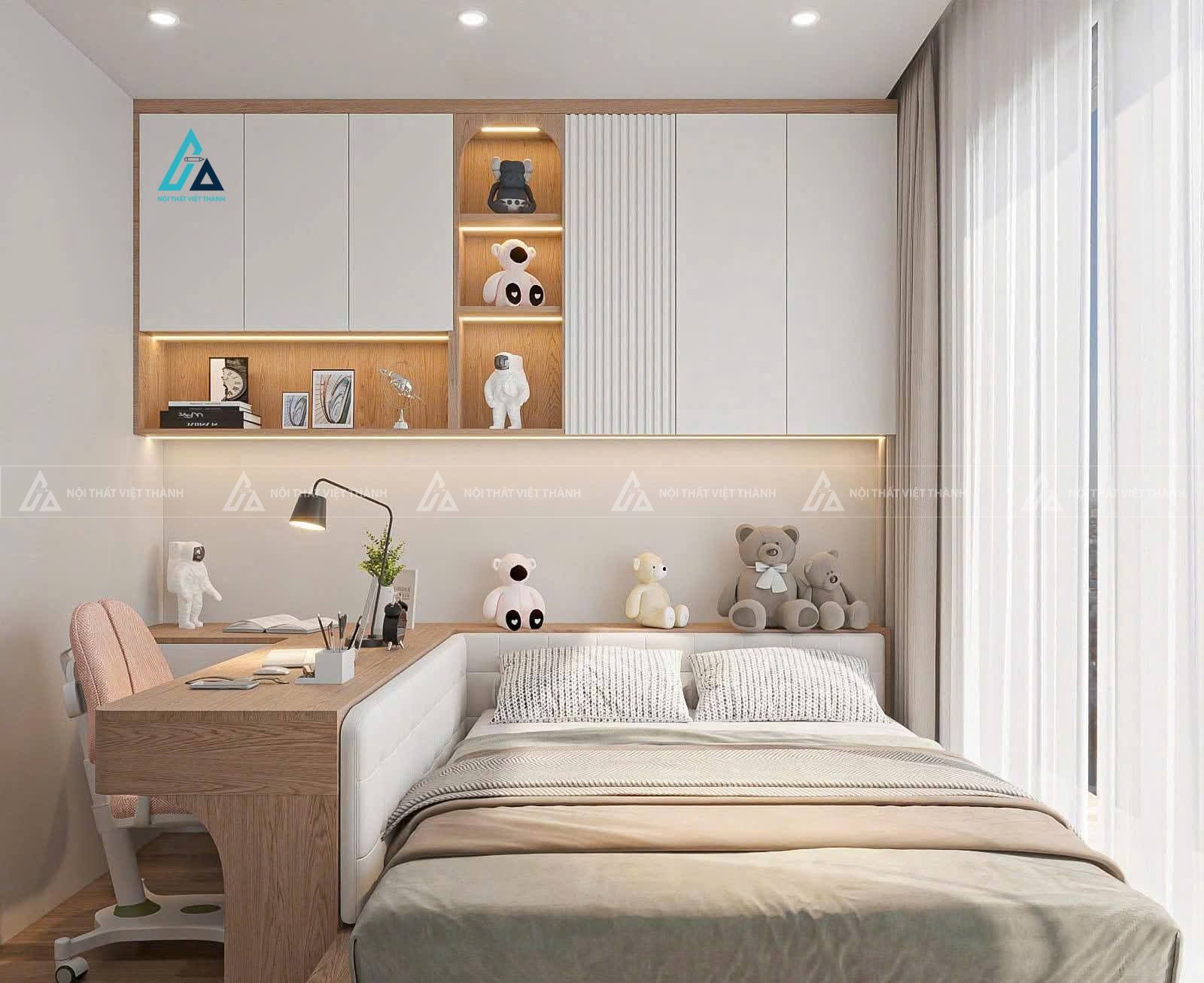 Mẫu thiết kế bàn học sinh chữ L liền kề giường ngủ