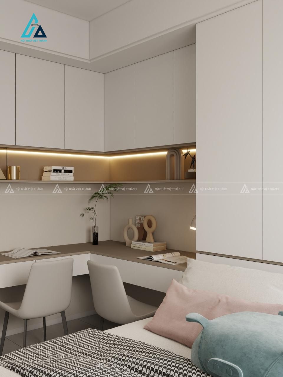 Mẫu thiết kế bàn học sinh chữ L có kệ sách