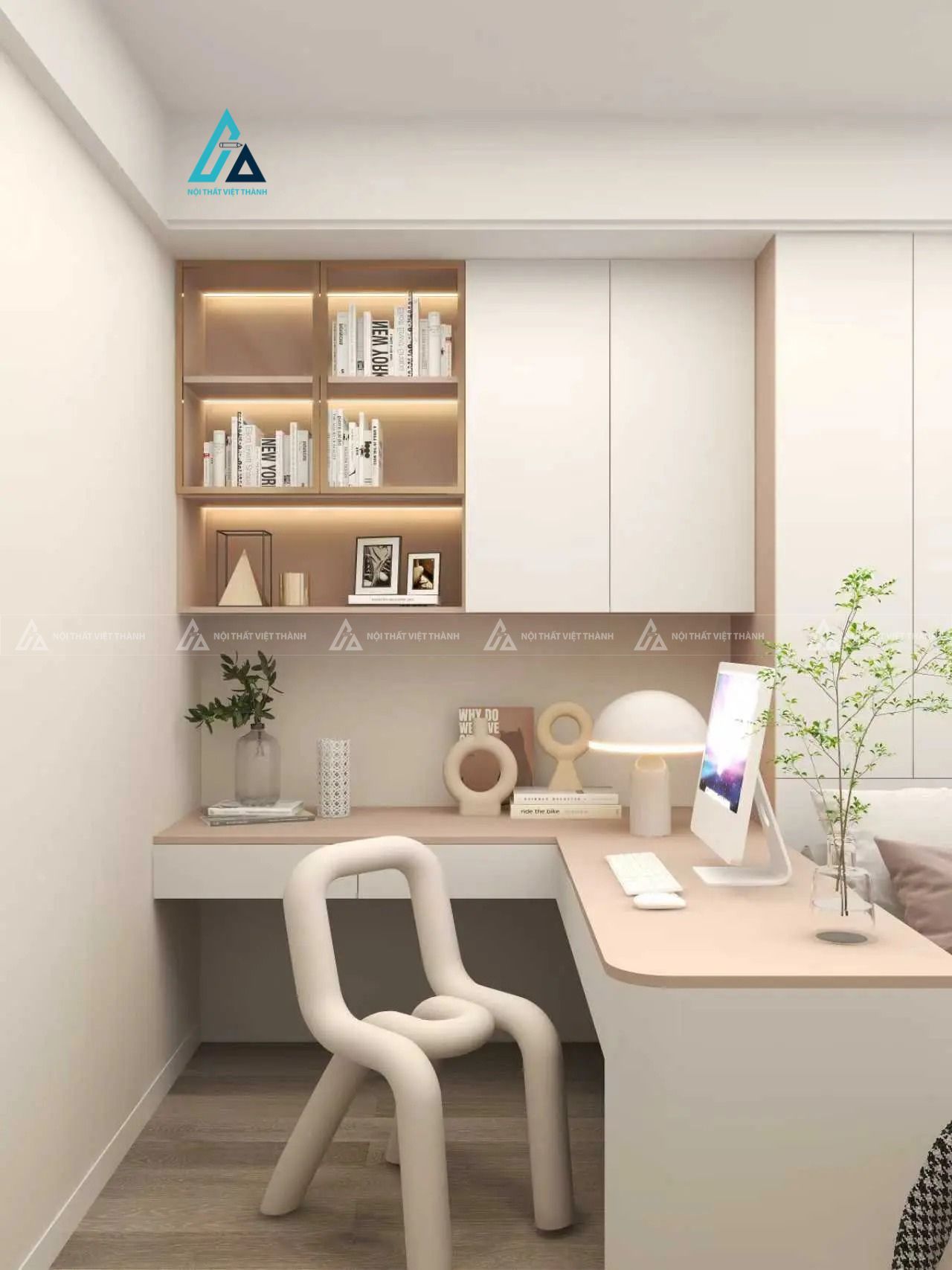 Mẫu thiết kế bàn học sinh chữ L gồm kệ sách có đèn led