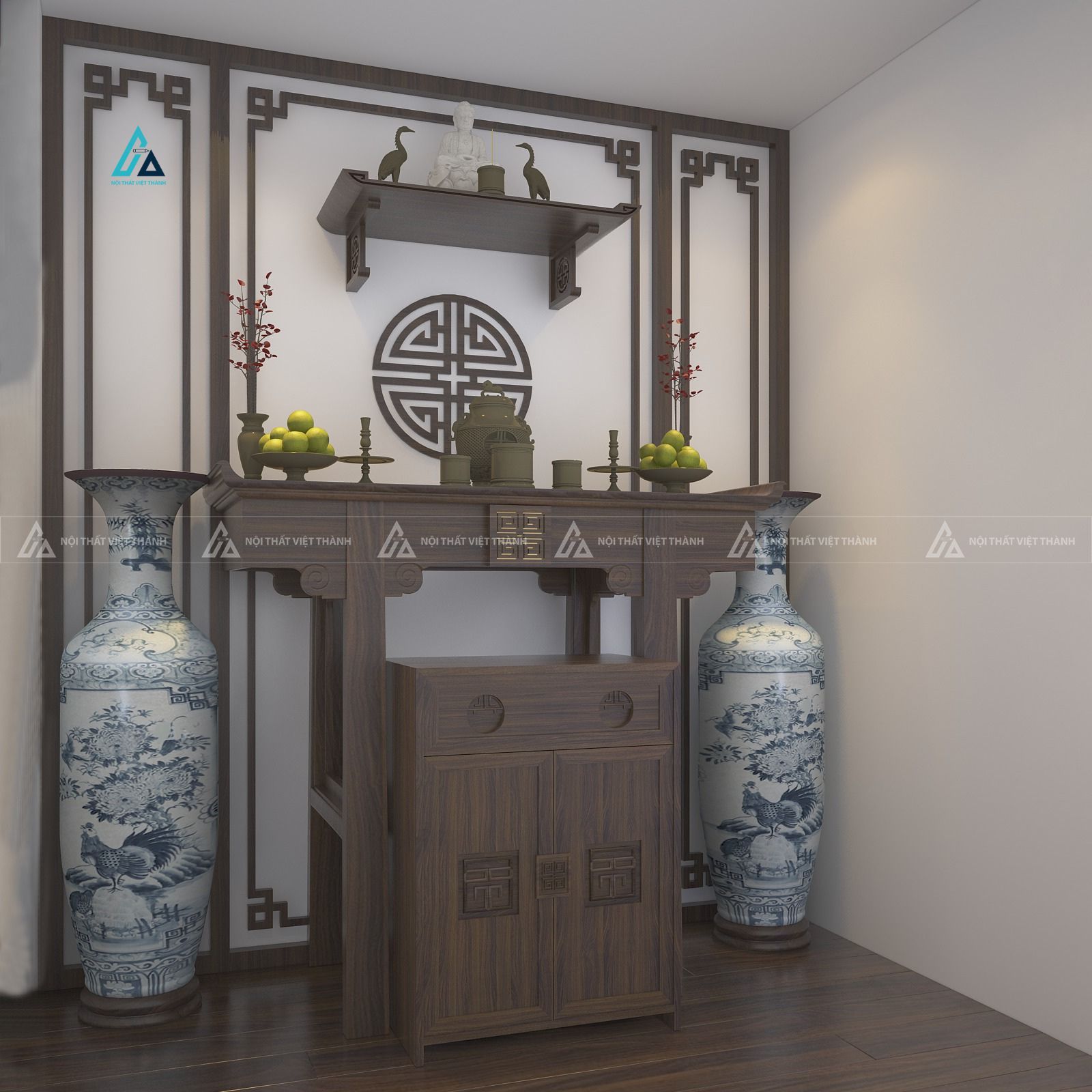 Mẫu thiết kế bàn thờ đứng gỗ xám với bàn thờ 3 tầng
