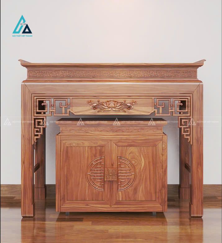 Mẫu thiết kế bàn thờ đứng gỗ nâu 2 tầng hoạ tiết hoa sen