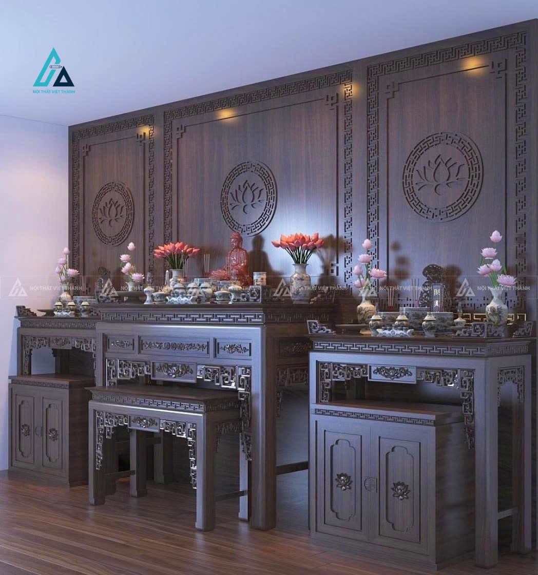 Mẫu thiết kế bàn thờ đứng gỗ trầm với vách hoa sen full tường