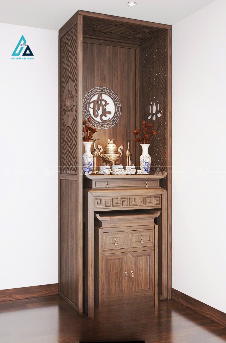 Mẫu thiết kế bàn thờ đứng có vách che hoa sen kịch trần