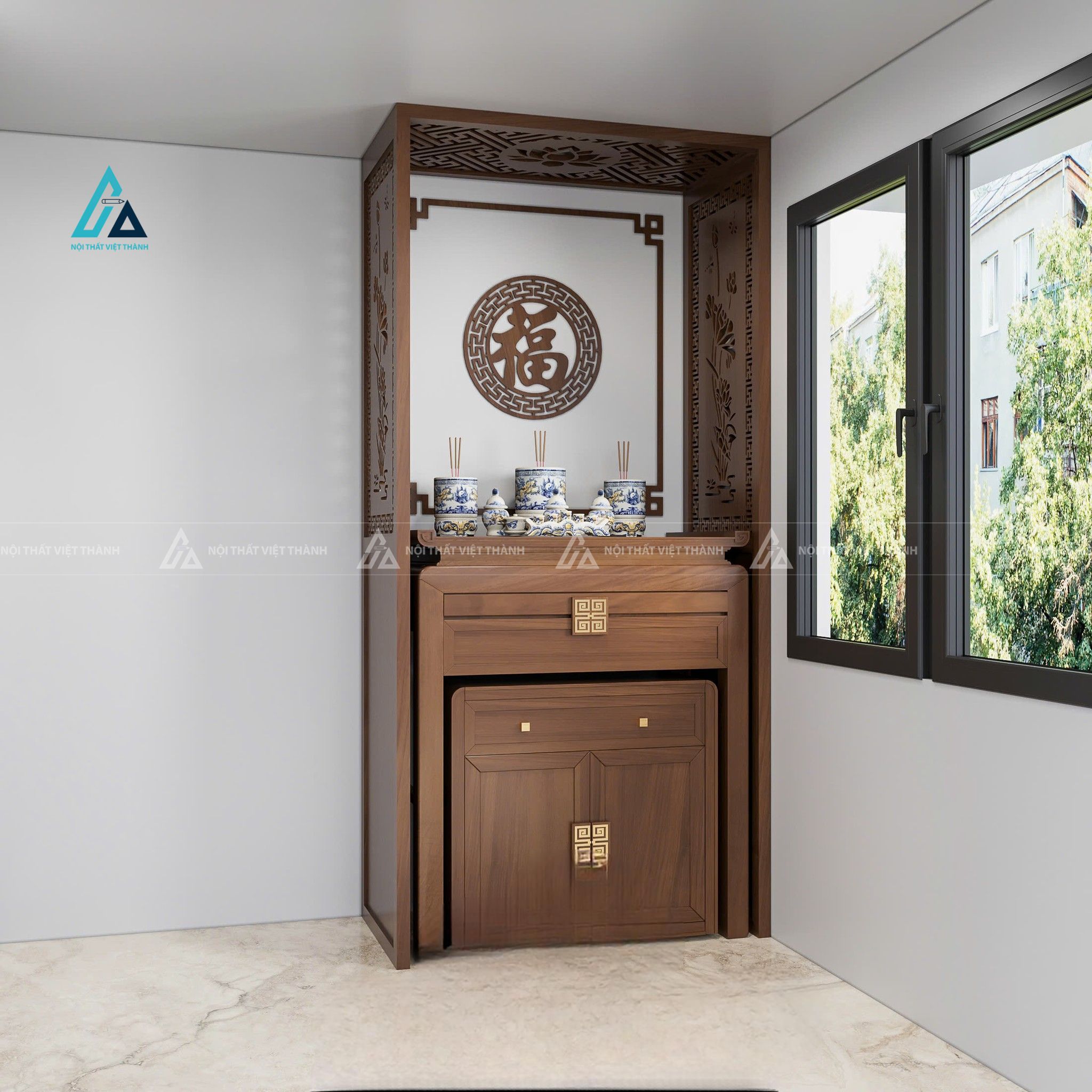 Mẫu thiết kế bàn thờ đứng gỗ với vách hoạ tiết kịch trần