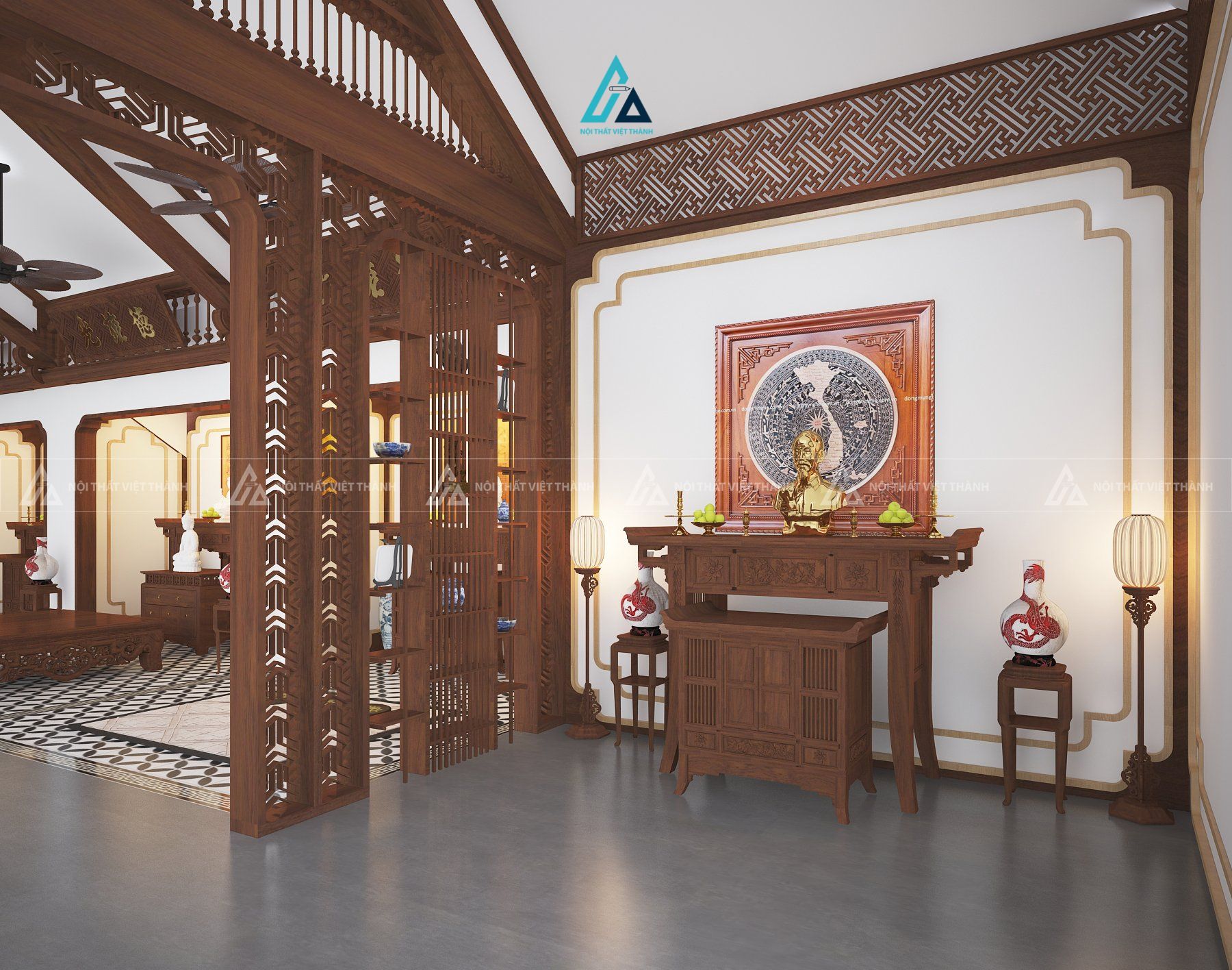 Mẫu thiết kế bàn thờ gỗ nâu hoạ tiết kịch trần