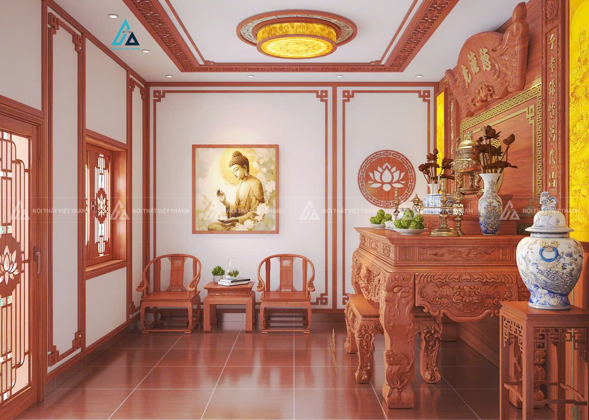 Mẫu thiết kế bàn thờ full nội thất gỗ nâu đỏ