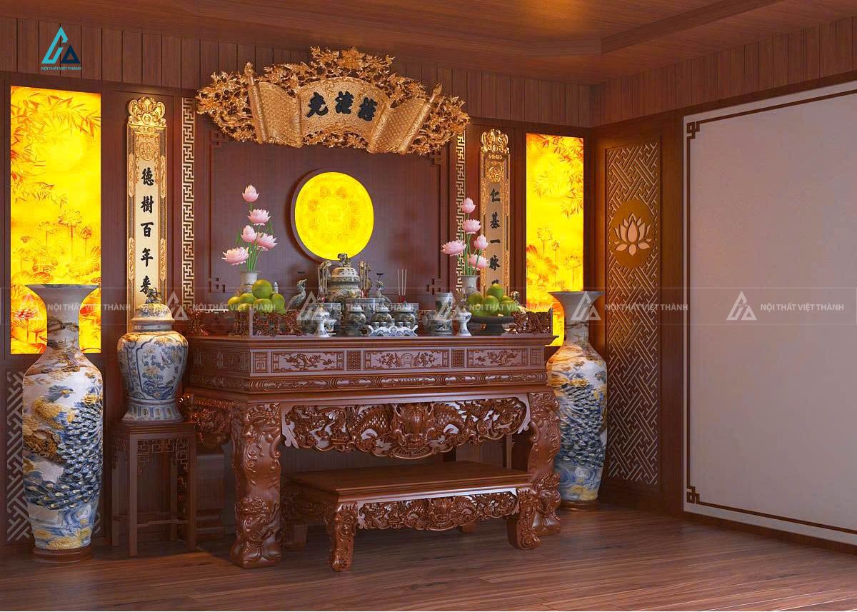 Mẫu thiết kế bàn thờ gỗ nâu rồng phượng có đèn led