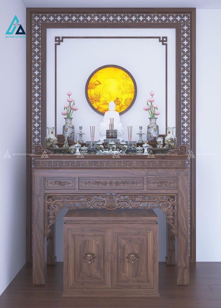 Mẫu thiết kế bàn thờ gỗ nâu có vách sau phối đèn hoa sen