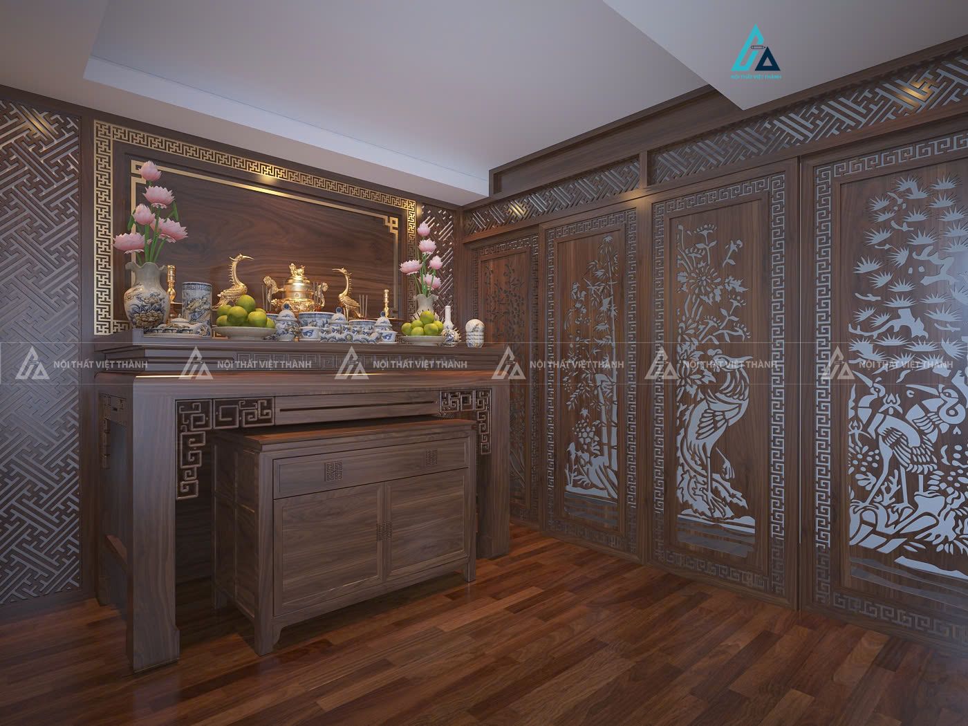 Mẫu thiết kế bàn thờ full gỗ nâu kịch trần với hoạt tiết CNC