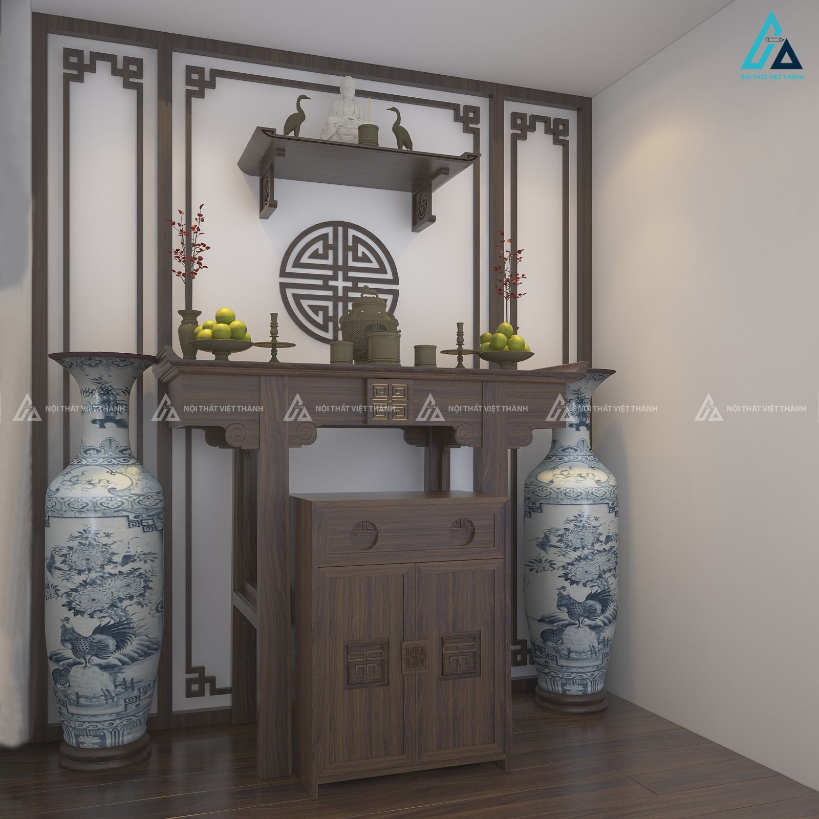 Mẫu thiết kế bàn thờ treo tường gỗ xám phối với bàn thờ đứng