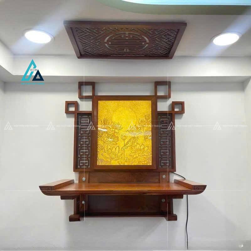 Mẫu thiết kế bàn thờ treo tường với vách sau có đèn led
