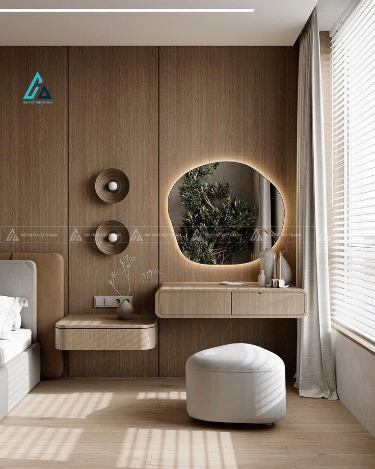Mẫu thiết kế bàn trang điểm gỗ nâu treo tường