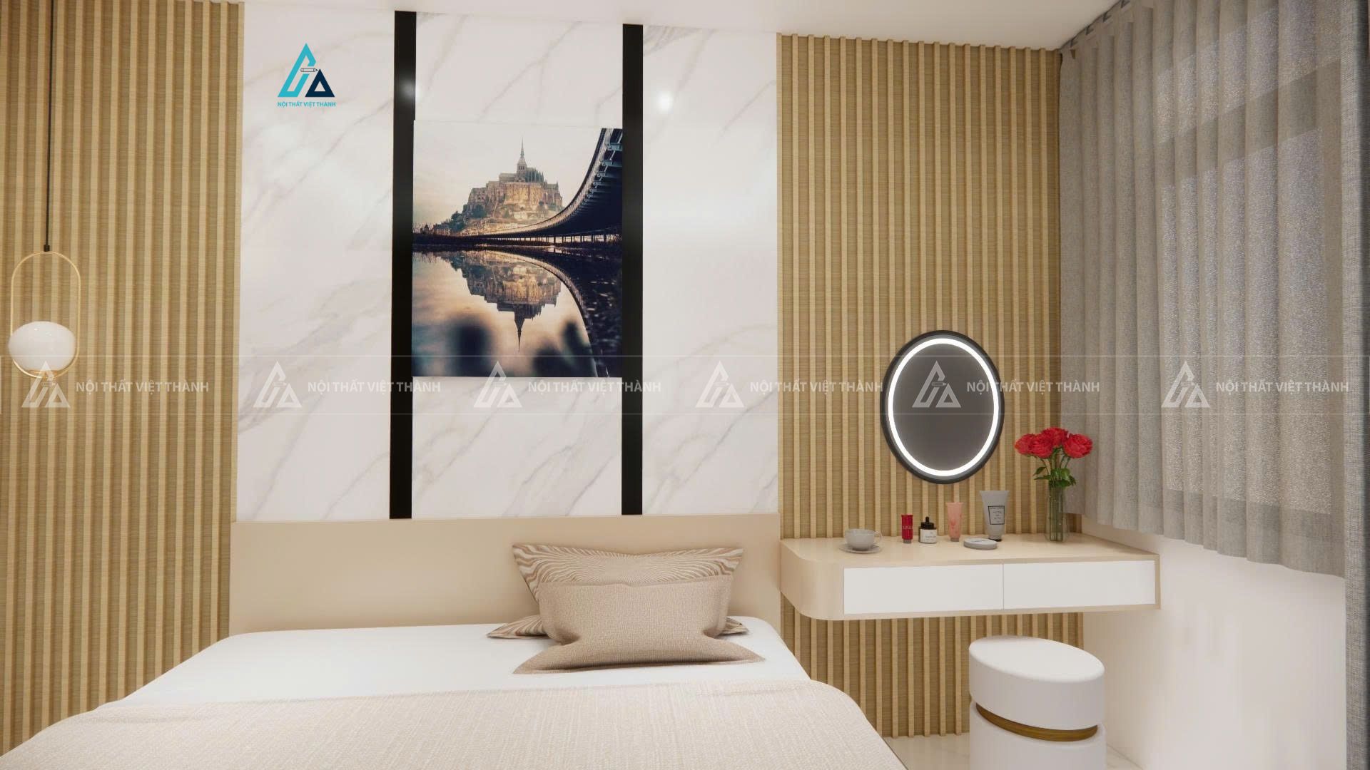 Mẫu thiết kế bàn trang điểm gố be trắng treo tường