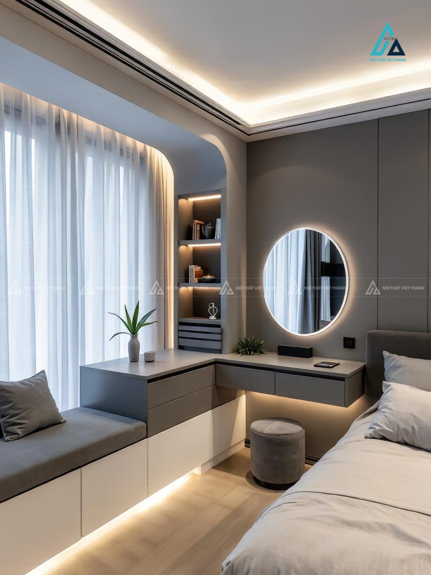 Mẫu thiết kế bàn trang điểm gỗ công nghiệp xám