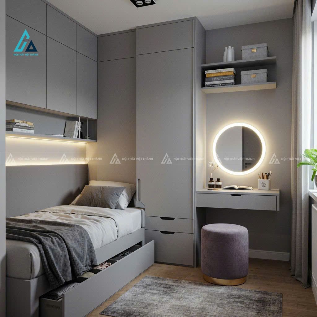 Mẫu thiết kế bàn trang điểm xám treo tường nhỏ gọn