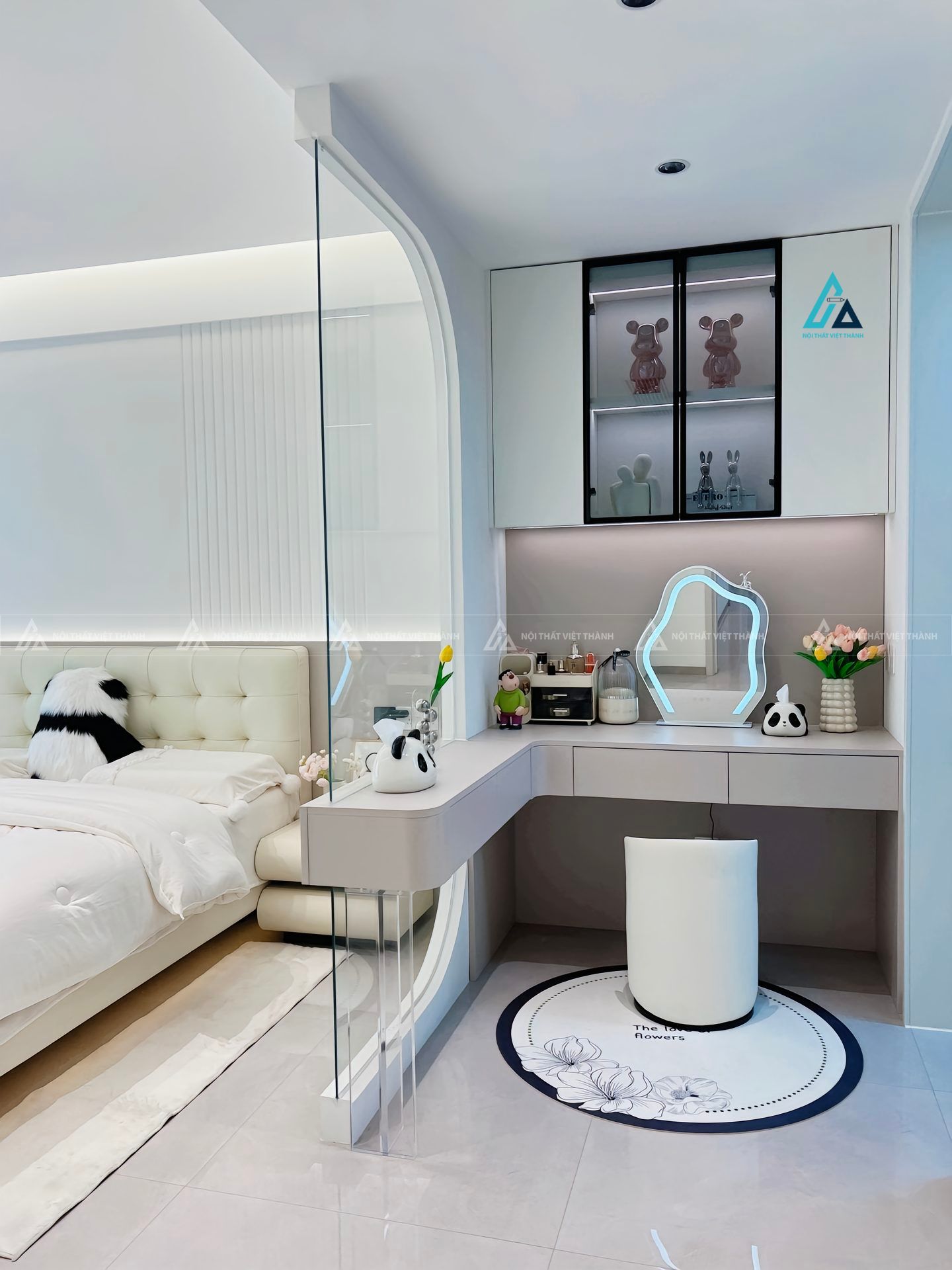 Mẫu thiết kế bàn trang điểm gỗ công nghiệp xám chữ L
