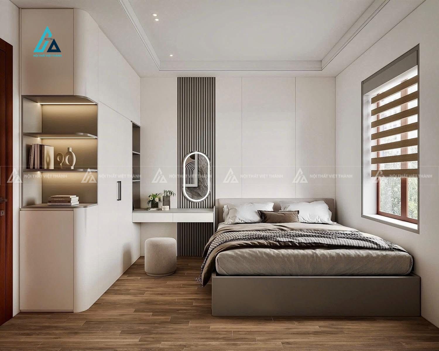 Mẫu thiết kế bàn trang điểm gỗ trắng kết hợp gương led