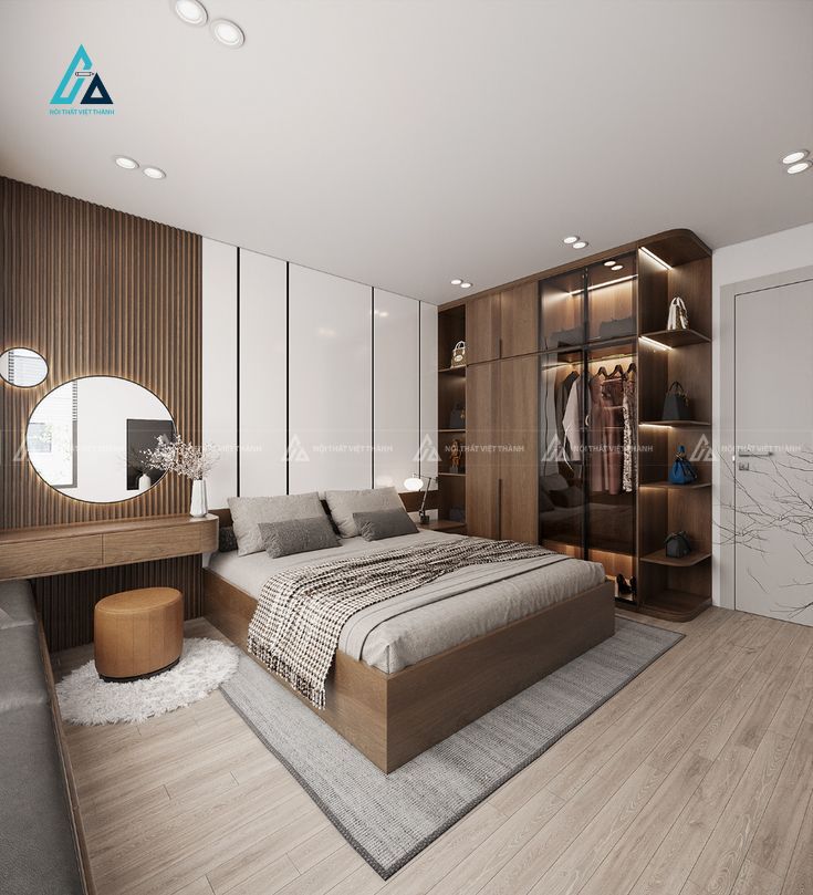 Mẫu thiết kế bàn trang điểm gỗ nâu treo tường