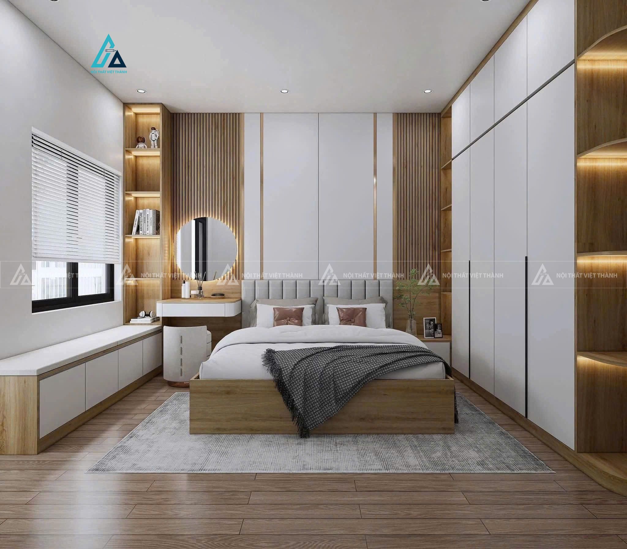 Mẫu thiết kế bàn trang điểm vàng trắng cùng gương led tròn