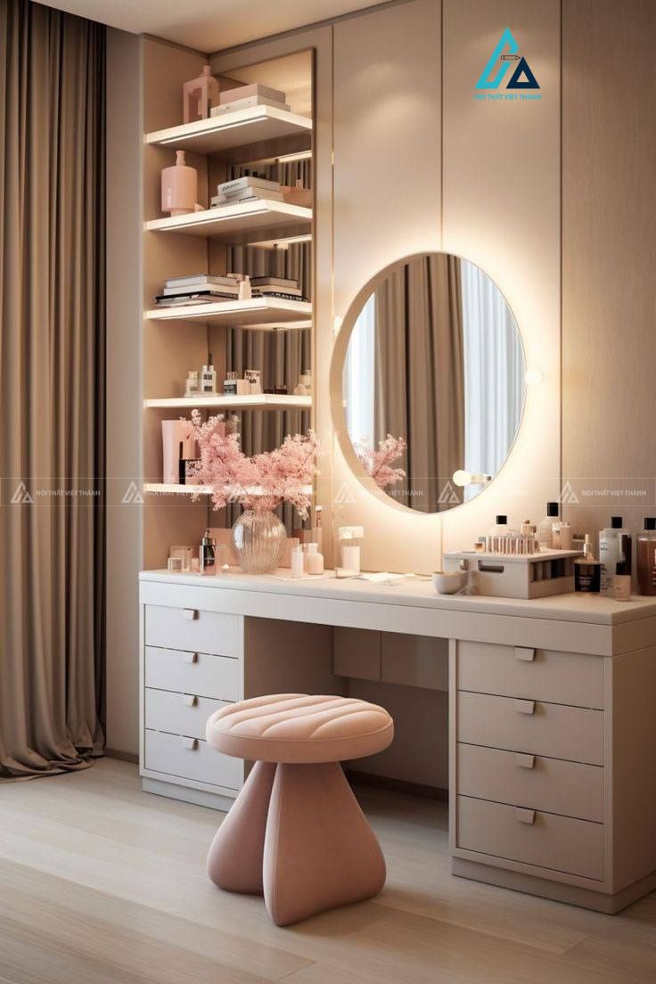 Mẫu thiết kế bàn trang điểm kết hợp kệ trang trí