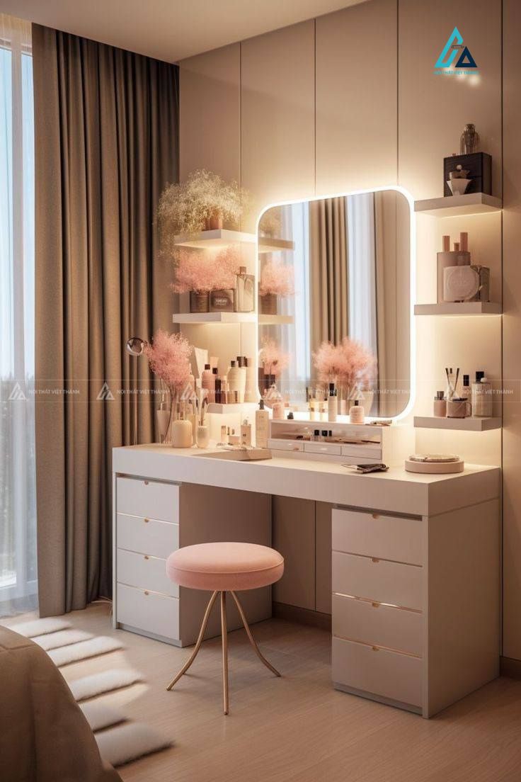 Mẫu thiết kế bàn trang điểm trắng nhiều ngăn có đèn led