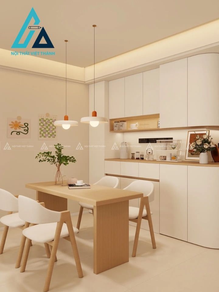 Mẫu thiết kế bộ bàn ăn gỗ be phối ghế bọc vải nỉ trắng
