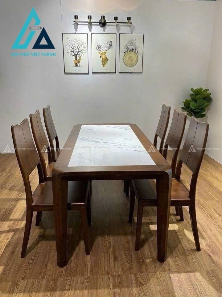 Mẫu thiết kế bộ bàn ăn gỗ nêu mặt phối đá