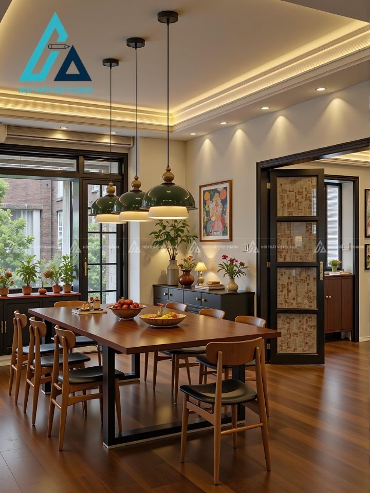 Mẫu thiết kế bộ bàn ăn gỗ nâu chữ nhật lớn kèm ghế đệm da đen
