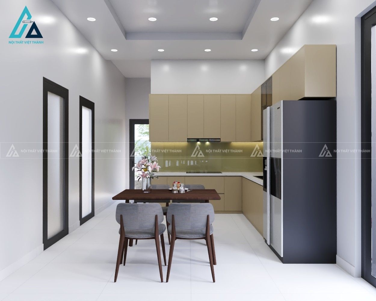 Mẫu thiết kế bộ bàn ăn gỗ nâu ghế bọc vải nỉ