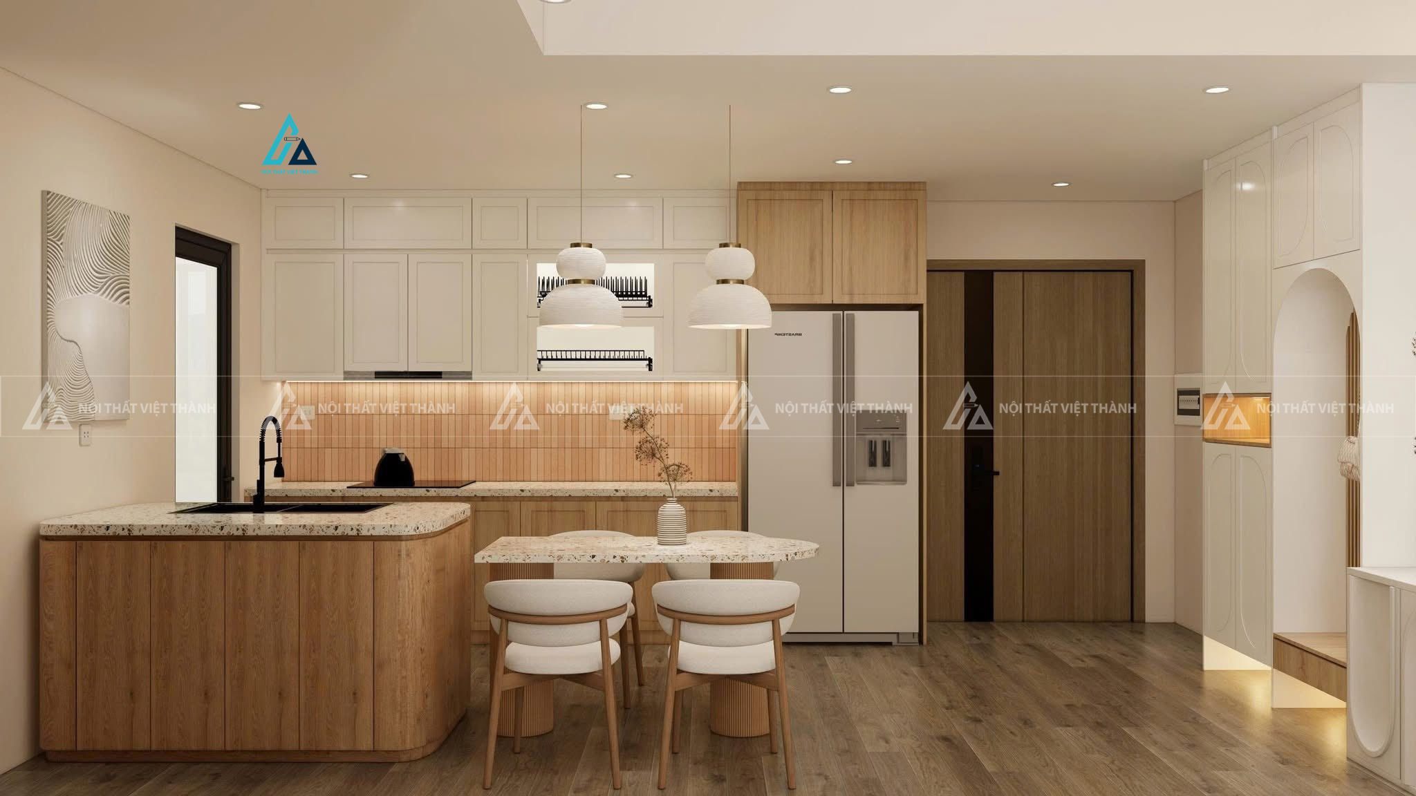 Mẫu thiết kế combo nội thất trọn gói nâu vàng trắng cho nhà bếp