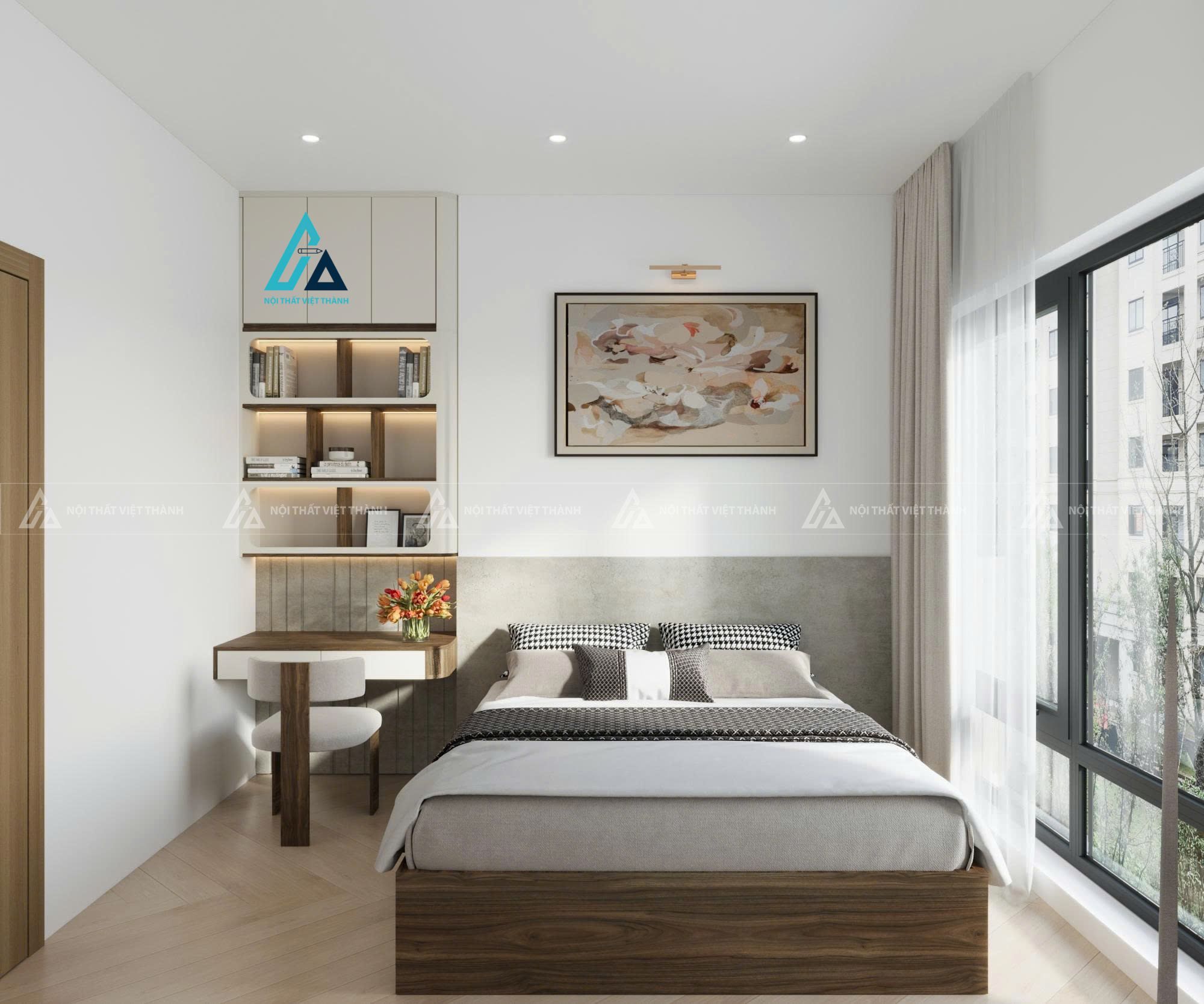 Mẫu thiết kế combo nội thất trọn gói xám trắng cho phòng ngủ
