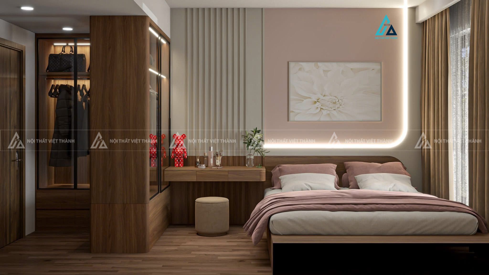 Mẫu thiết kế combo nội thất trọn gói vân gỗ nâu cho phòng ngủ